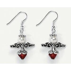 Red, White and Silvertone Beaded Angel Earrings